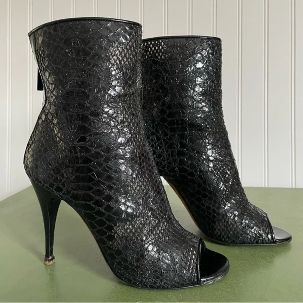 Jimmy Choo Patent Lace Spike Heeled Open Toe Booties in Black Python